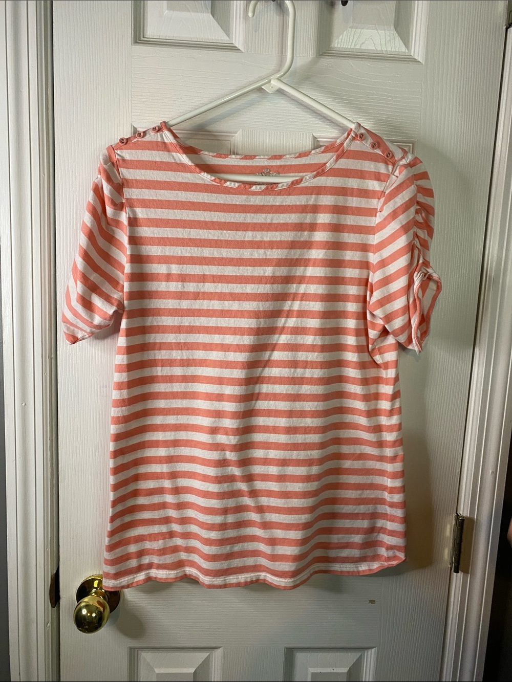 Izod Coral and White Striped Short-Sleeve Boatneck Top Size Small.